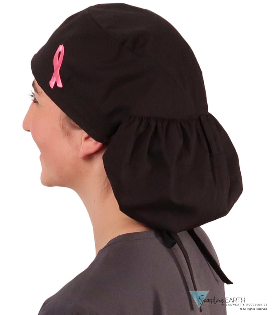 Embellished Big Hair Ponytail Scrub Cap for Long Hair - Made in USA - Black Big Hair with Medium Pink Ribbon Patch Big