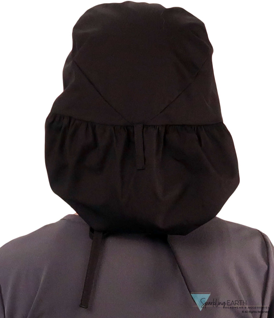 Embellished Big Hair Ponytail Scrub Cap for Long Hair - Made in USA - Black Big Hair with Medium Pink Ribbon Patch Big