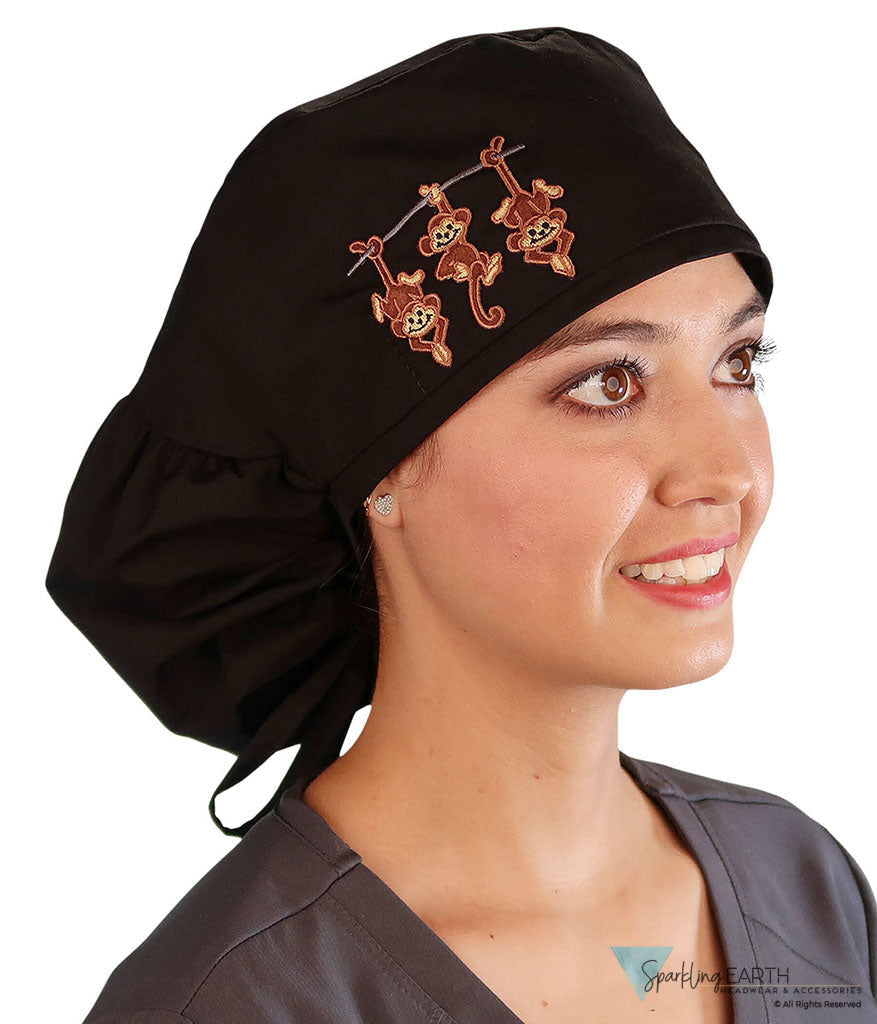 Embellished Big Hair Ponytail Scrub Cap for Long Hair - Made in USA - Black Big Hair with Three Monkeys Patch Big Hair