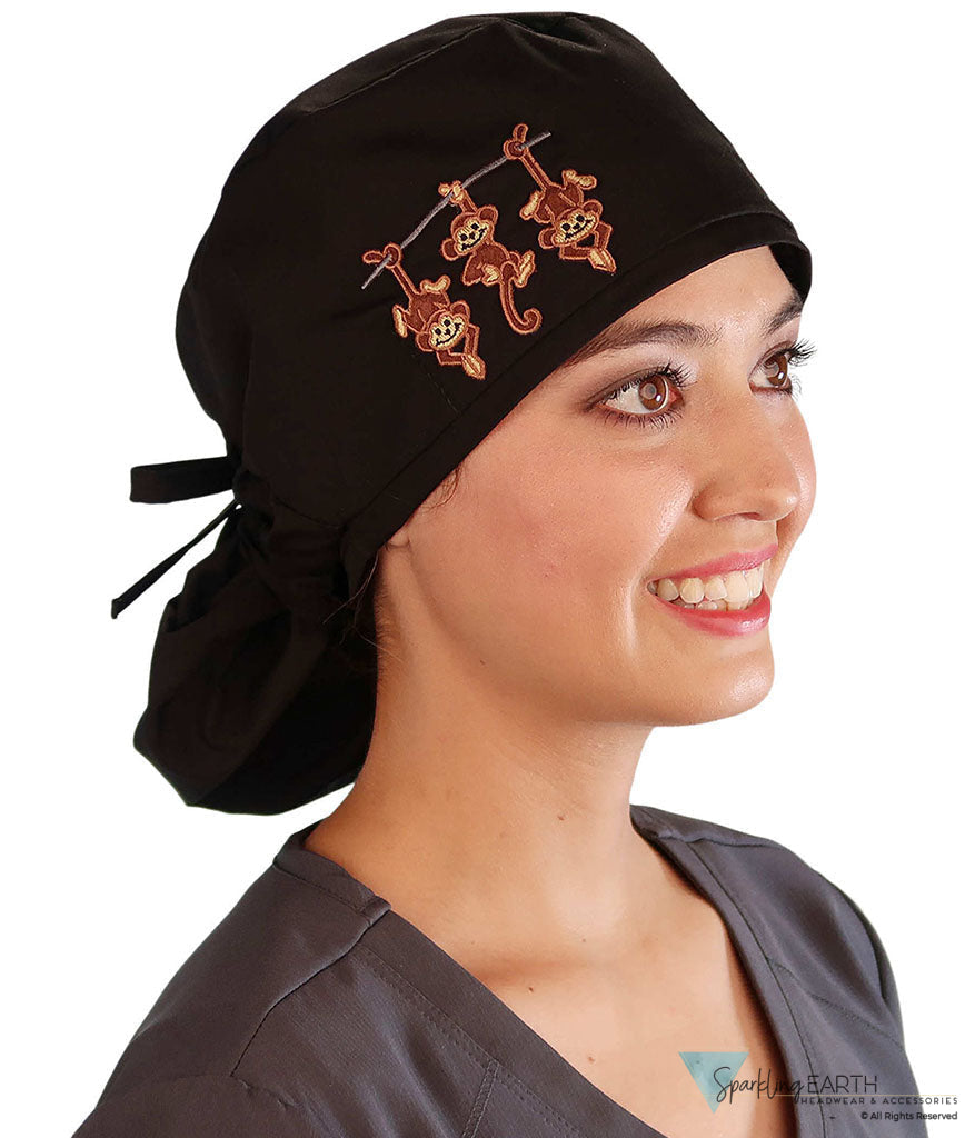 Embellished Big Hair Surgical Cap - Black Big Hair with Three Monkeys Patch - Big Hair Surgical Scrub Caps - Sparkling EARTH