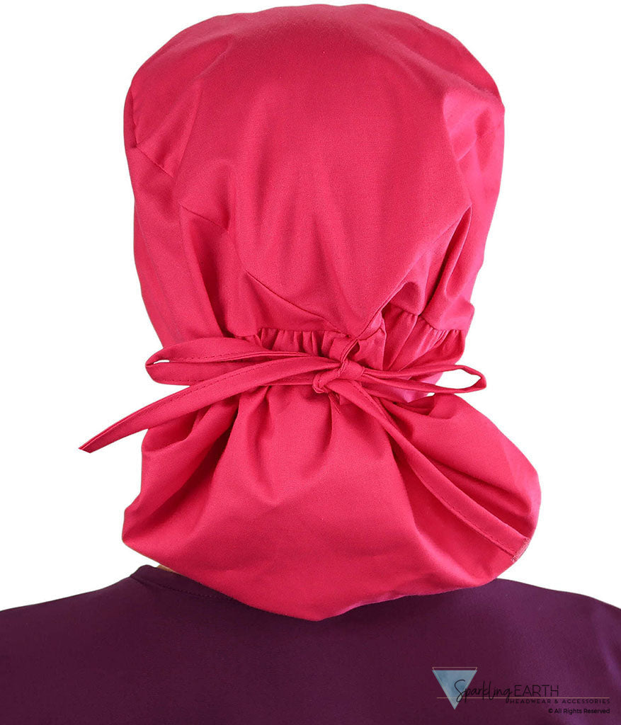 Embellished Big Hair Ponytail Scrub Cap for Long Hair - Made in USA - Hot Pink Big Hair with Pink Butterfly Patch Big