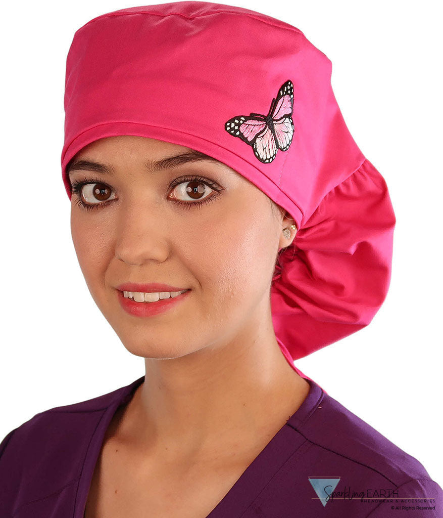 Embellished Big Hair Ponytail Scrub Cap for Long Hair - Made in USA - Hot Pink Big Hair with Pink Butterfly Patch Big