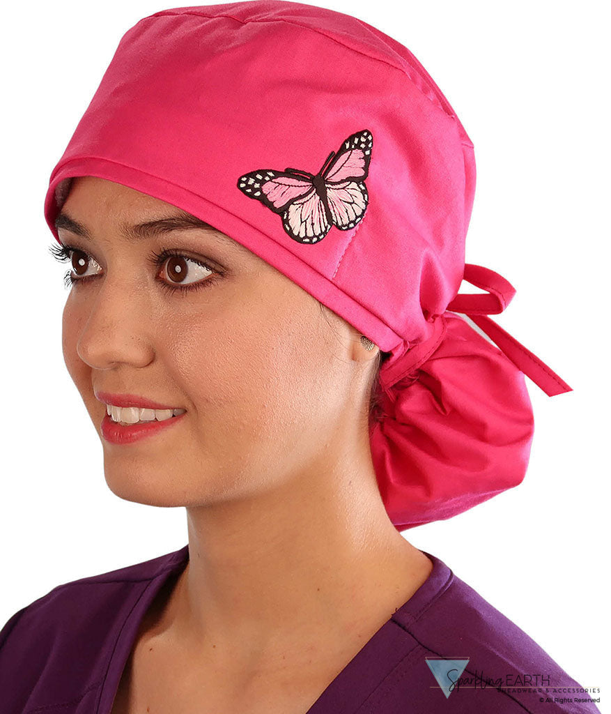 Embellished Big Hair Ponytail Scrub Cap for Long Hair - Made in USA - Hot Pink Big Hair with Pink Butterfly Patch Big