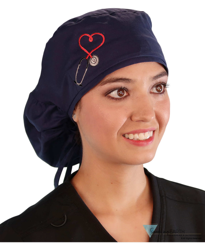 Embellished Big Hair Ponytail Scrub Cap for Long Hair - Made in USA - Navy Big Hair with Heart Stethoscope Patch Big