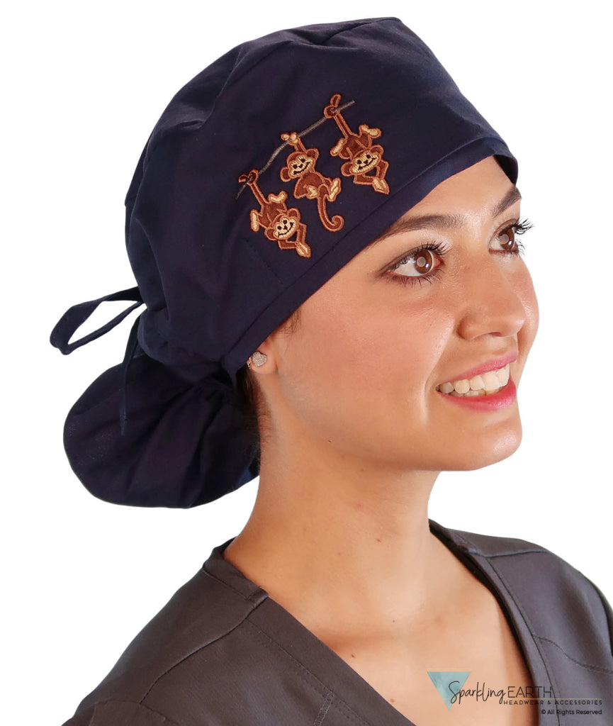 Embellished Big Hair Ponytail Scrub Cap for Long Hair - Made in USA - Navy Big Hair with Three Monkeys Patch Big Hair