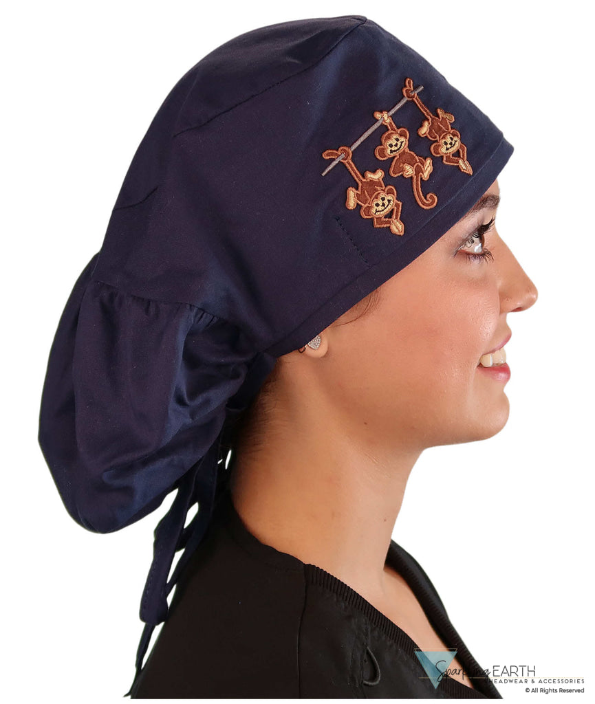 Embellished Big Hair Ponytail Scrub Cap for Long Hair - Made in USA - Navy Big Hair with Three Monkeys Patch Big Hair