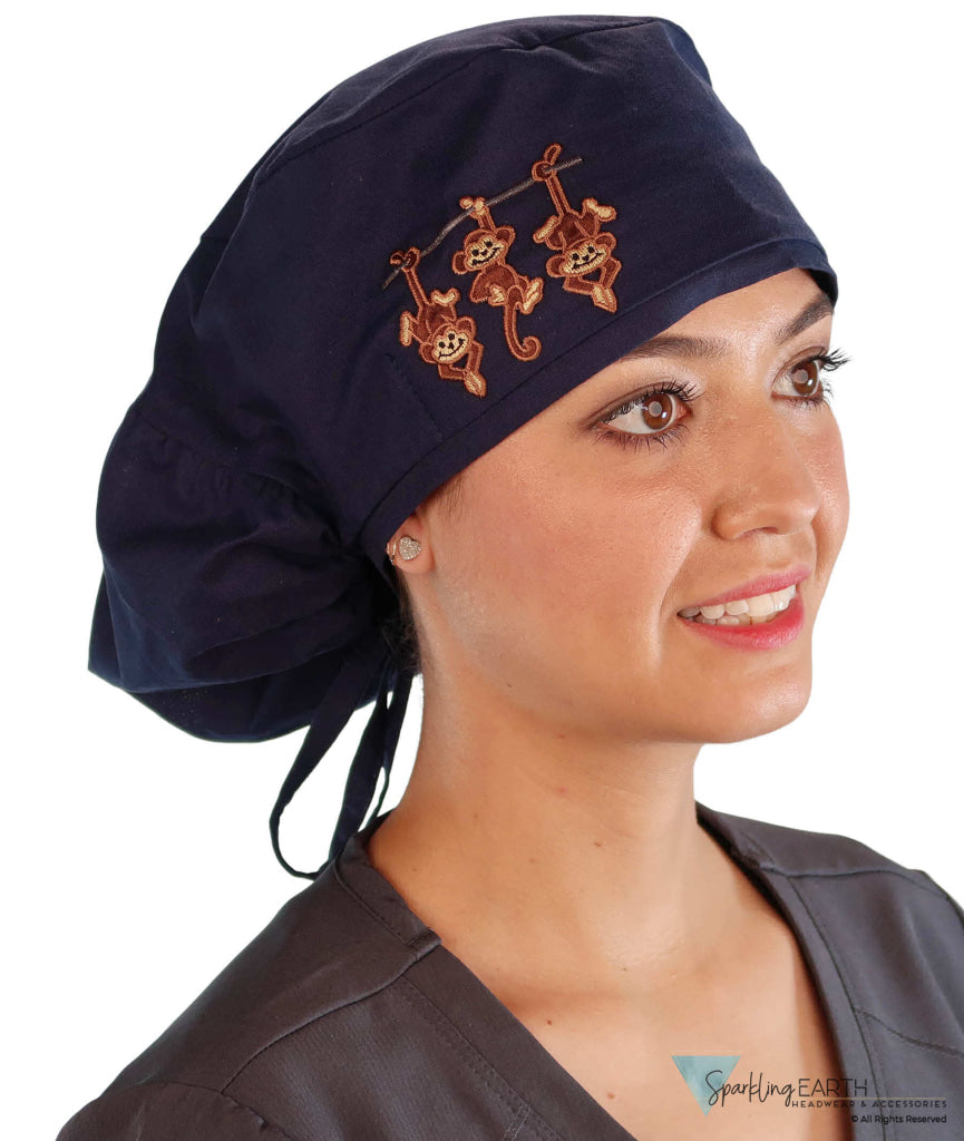 Embellished Big Hair Ponytail Scrub Cap for Long Hair - Made in USA - Navy Big Hair with Three Monkeys Patch Big Hair