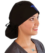 Embellished Big Hair Surgical Cap - Black With Blue Caduceus Patch Scrub Caps