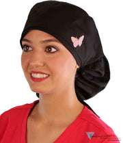 Embellished Big Hair Surgical Cap - Black With Green & Pink Pastel Butterfly Patch Scrub Caps