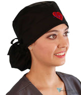 Embellished Big Hair Surgical Cap - Black With Medical Heart Patch Scrub Caps