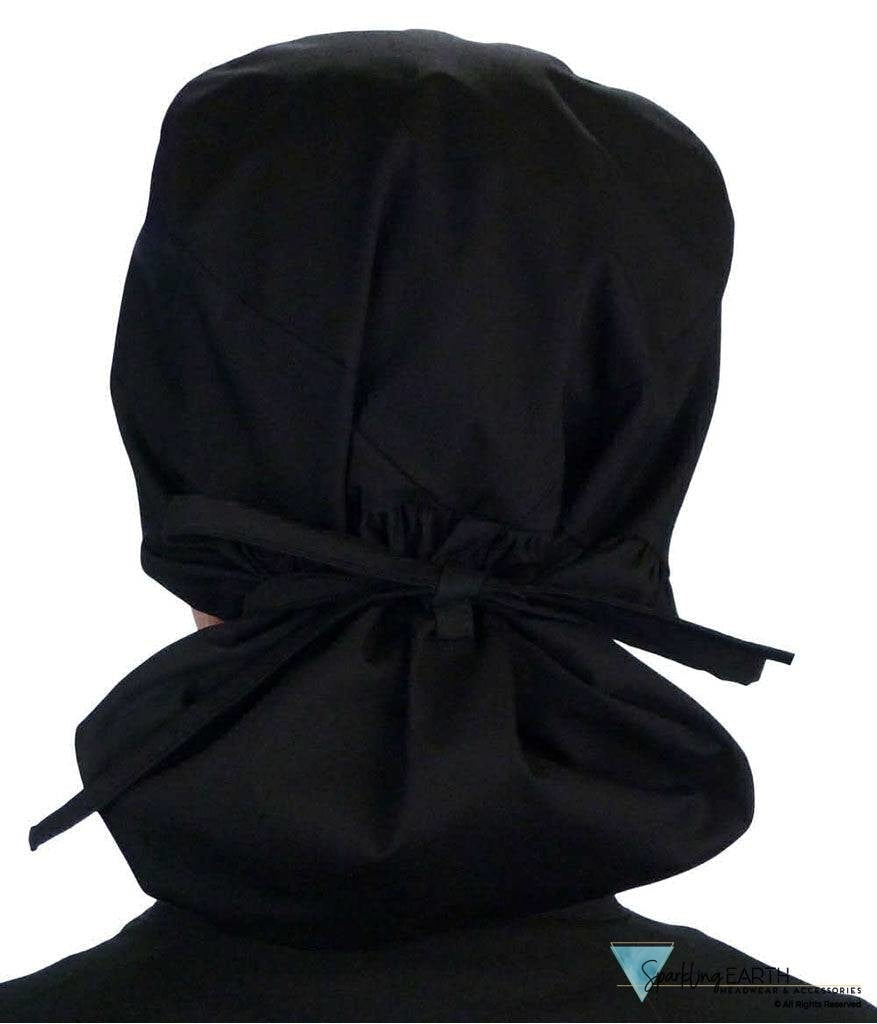 Embellished Big Hair Surgical Cap - Black With Medical Heart Patch Scrub Caps