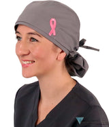 Embellished Big Hair Surgical Cap - Dark Grey With Medium Pink Ribbon Patch Scrub Caps
