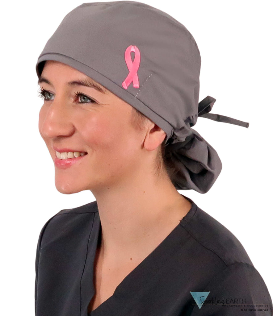 Embellished Big Hair Surgical Cap - Dark Grey With Medium Pink Ribbon Patch Scrub Caps