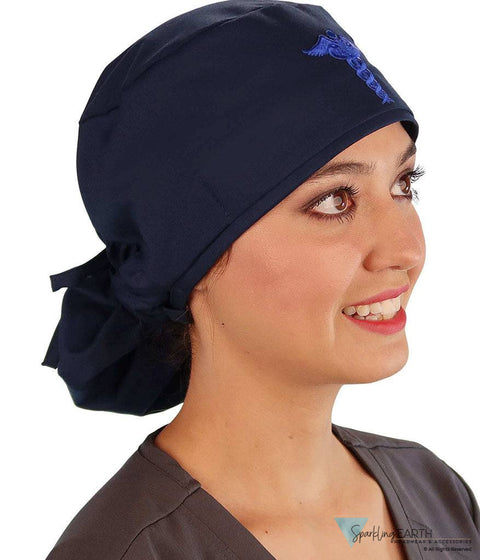 Embellished Big Hair Surgical Cap - Navy With Blue Caduceus Patch Scrub Caps