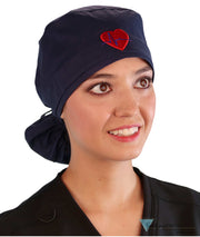 Embellished Big Hair Surgical Cap - Navy With Medical Heart Patch Scrub Caps