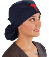 Embellished Big Hair Surgical Cap - Navy With Red Caduceus Patch Scrub Caps