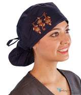 Embellished Big Hair Surgical Cap - Navy With Three Monkeys Patch Scrub Caps