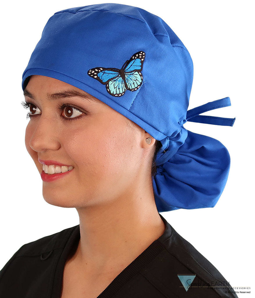 Embellished Big Hair Surgical Cap - Royal Blue Big Hair with Blue Butterfly Patch - Big Hair Surgical Scrub Caps - Sparkling EARTH