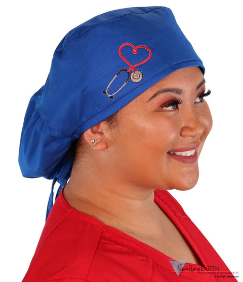 Embellished Big Hair Surgical Cap - Royal With Heart Stethoscope Patch Scrub Caps