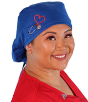 Embellished Big Hair Surgical Cap - Royal With Heart Stethoscope Patch Scrub Caps