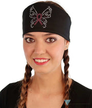 Embellished Chop Top - Black With Pink Ribbon Butterfly Rhinestud Design Imported Tops