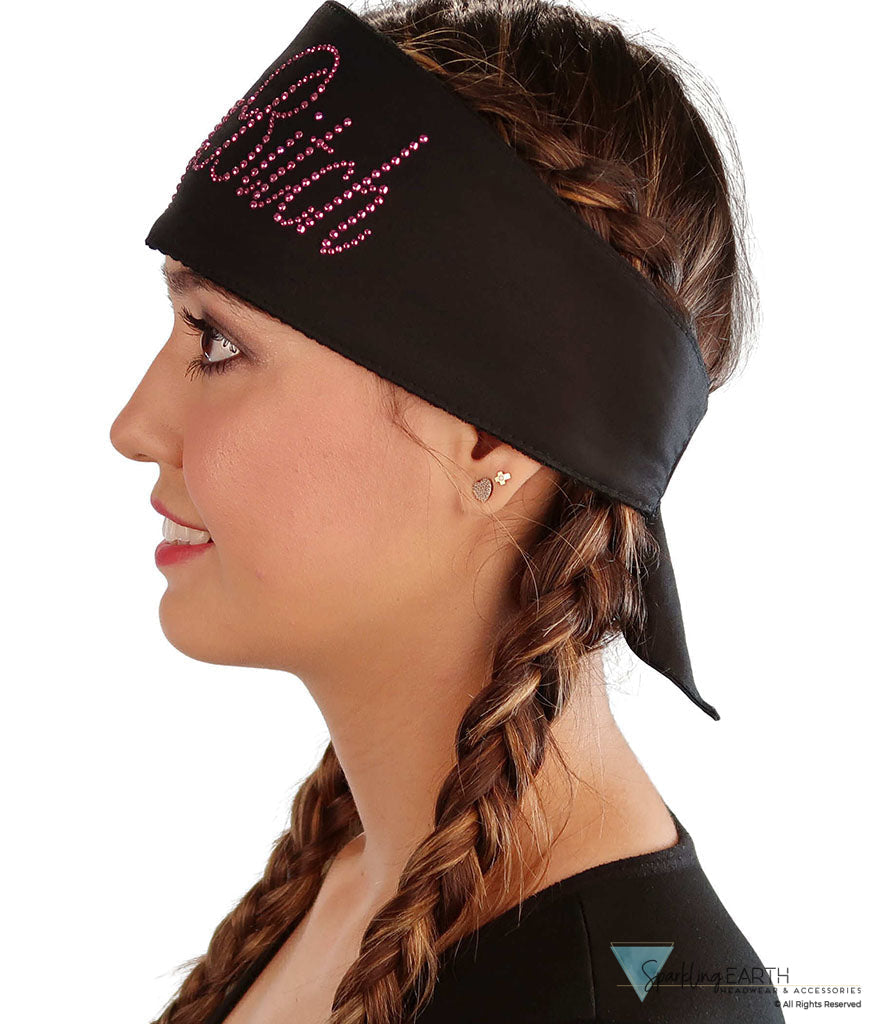 Embellished Chop Top Doo Wrap – Bold Biker Bandana with Exclusive Bling - Black Chop Top with Dark Pink Fancy Crazy