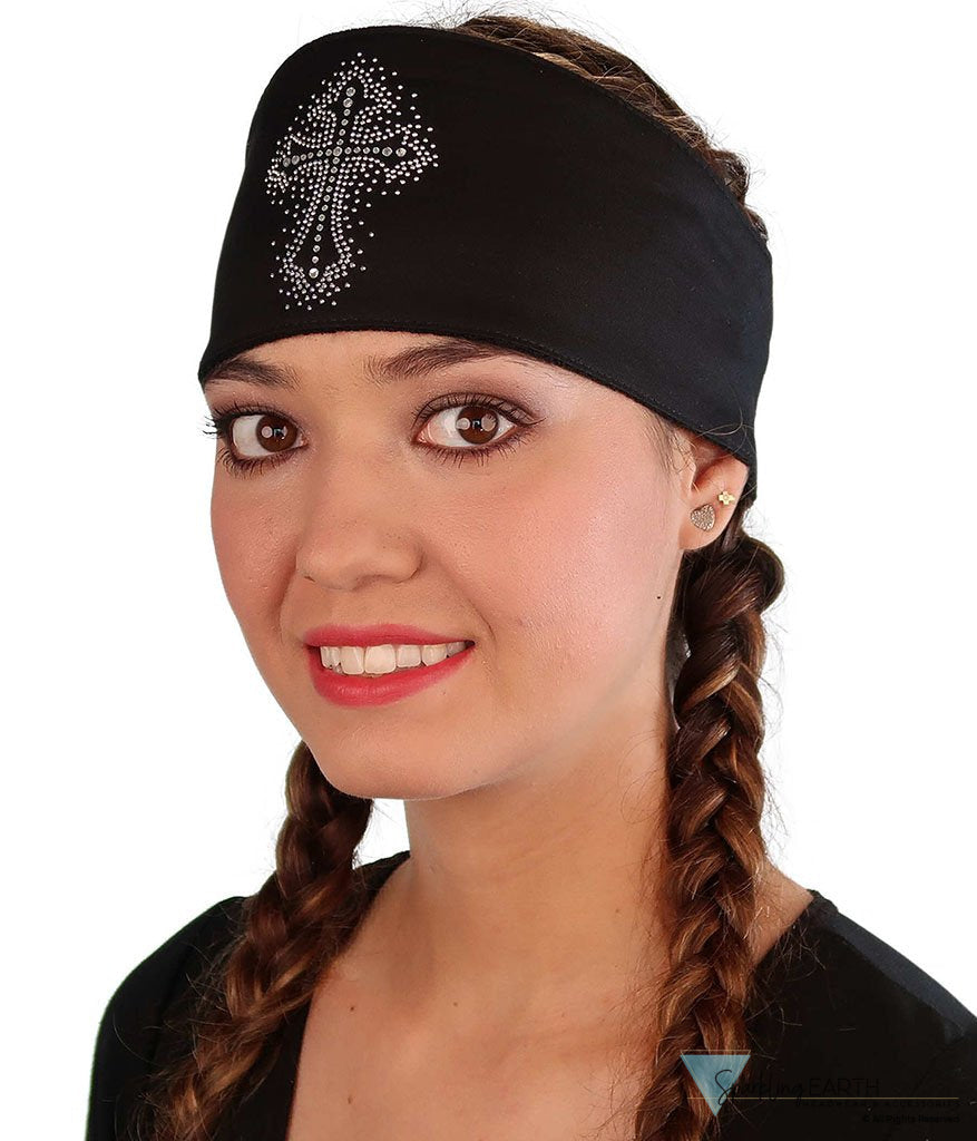 Embellished Chop Top Doo Wrap – Bold Biker Bandana with Exclusive Bling - Black with Glitter Cross Rhinestone