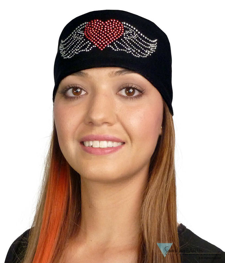 Embellished Chop Top Doo Wrap – Bold Biker Bandana with Exclusive Bling - Black Chop Top with Large Heart & Wings