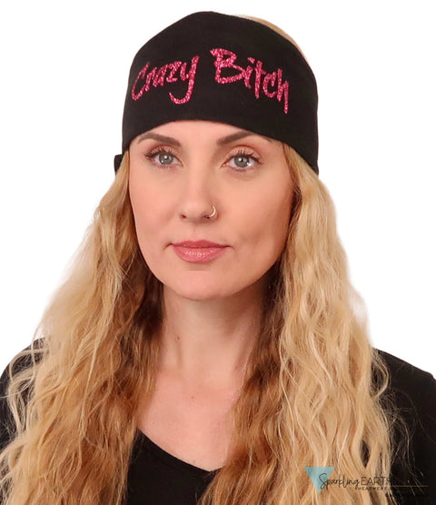 Embellished Chop Top Doo Wrap – Bold Biker Bandana with Exclusive Bling - Glitter Pink Crazy Bitch on Black Imported