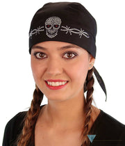 Embellished Classic Skull Cap - Black With & Barbed Wire Rhinestud/Stone Design Caps