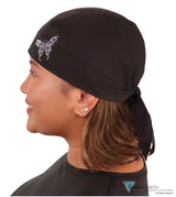 Embellished Classic Skull Cap - Black Skull Cap with Blue & Silver Butterfly Rhinestud/Stone Design - Classic Skull Caps - Sparkling EARTH