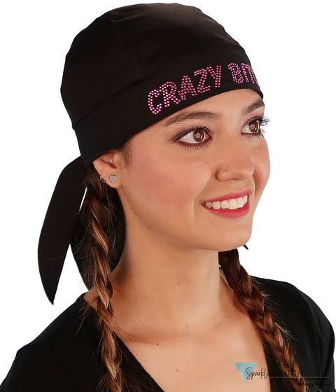 Embellished Classic Skull Cap - Black With Dark Pink Crazy Bitch Rhinestud/Stone Design Caps