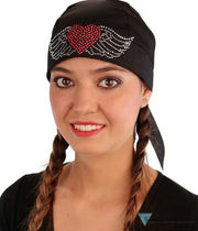Embellished Classic Skull Cap - Black With Large Heart & Wings Rhinestud/Stone Design Caps