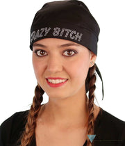 Embellished Classic Skull Cap - Black With Silver Crazy Bitch Rhinestud/Stone Design Caps