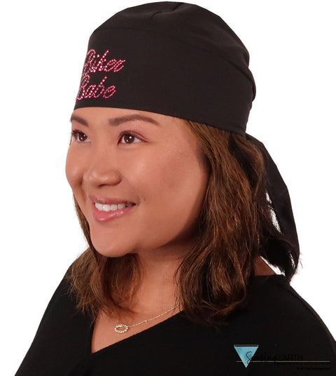 Embellished Deluxe Extra Deep Skull Cap – Terry Sweatband Adjustable Fit - USA Made - Dark Pink Biker Babe Rhinestuds