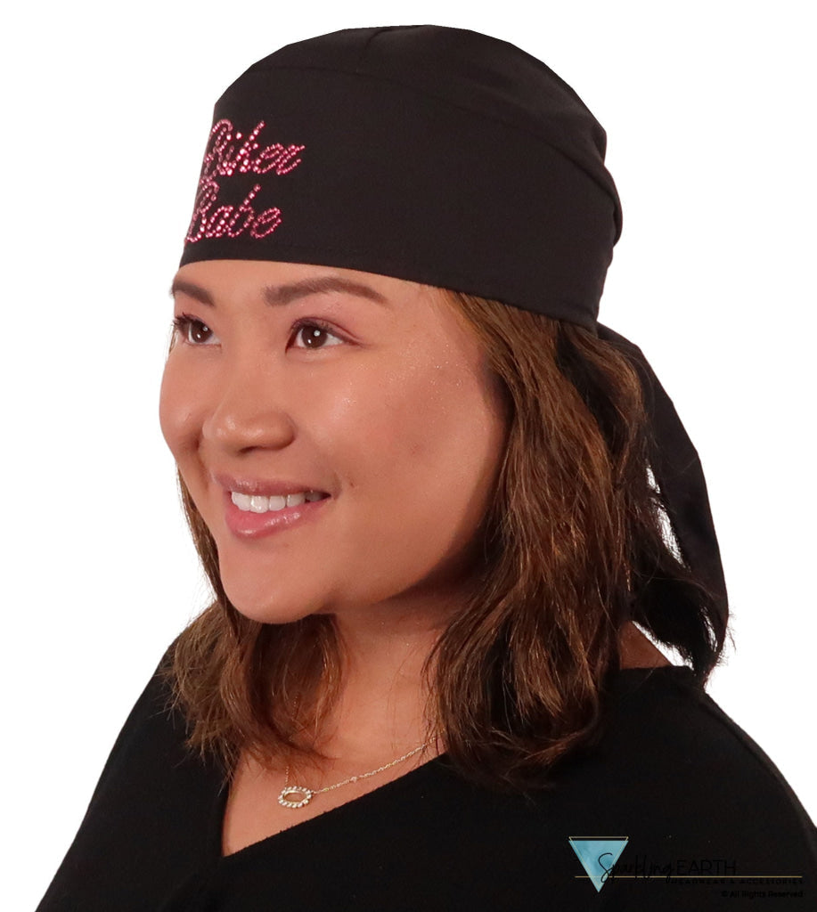 Embellished Deluxe Extra Deep Skull Cap – Terry Sweatband Adjustable Fit - USA Made - Dark Pink Biker Babe Rhinestuds
