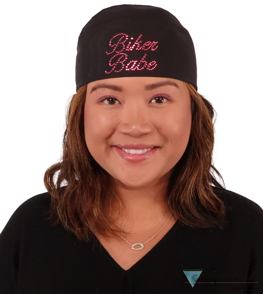 Embellished Deluxe Extra Deep Skull Cap – Terry Sweatband, Adjustable Fit - USA Made - Dark Pink Biker Babe Rhinestuds on Black - Deluxe Skull Caps - Sparkling EARTH