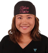 Embellished Deluxe Extra Deep Skull Cap – Terry Sweatband, Adjustable Fit - USA Made - Dark Pink Biker Babe Rhinestuds on Black - Deluxe Skull Caps - Sparkling EARTH