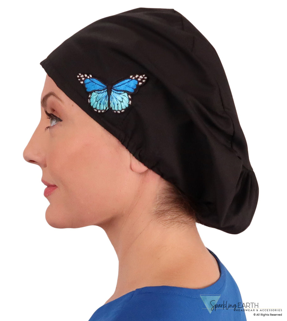 Embellished Euro Style Riley Comfort Scrub Cap - American Made - Blue Butterfly Patch on Black Riley Comfort Scrub Caps