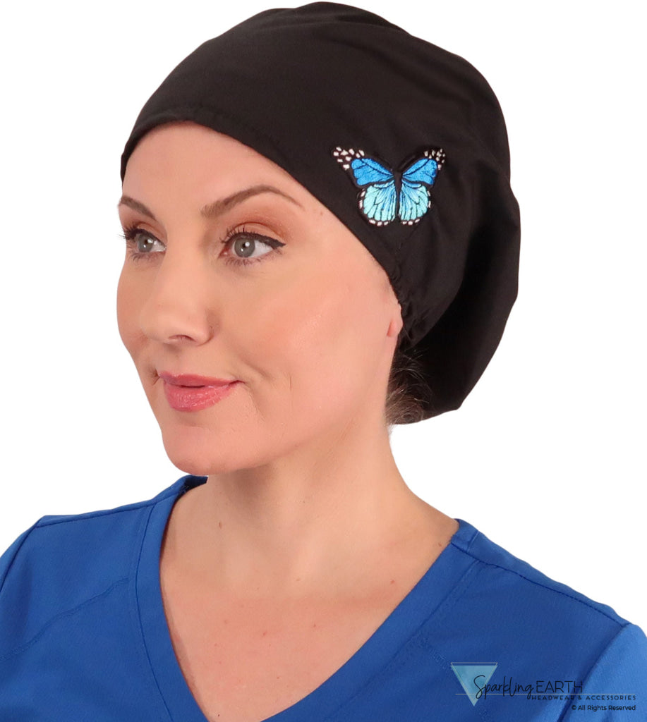 Embellished Euro Style Riley Comfort Scrub Cap - American Made - Blue Butterfly Patch on Black Riley Comfort Scrub Caps