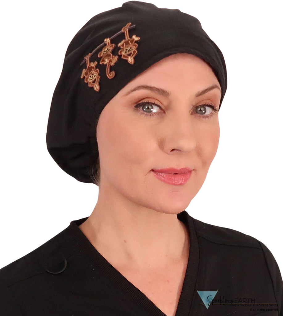 Embellished Euro Style Riley Comfort Scrub Cap - American Made - Three Monkeys Patch on Black Riley Comfort Scrub Caps
