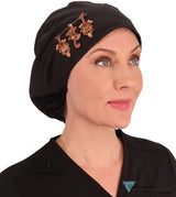 Embellished Euro Style Riley Comfort Scrub Cap - American Made - Three Monkeys Patch on Black Riley Comfort Scrub Caps