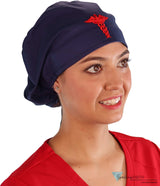 Embellished Riley Comfort Scrub Cap - Red Caduceus Patch on Navy - Riley Comfort Scrub Caps - Sparkling EARTH