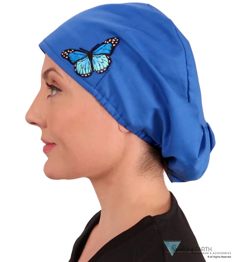 Embellished Euro Style Riley Comfort Scrub Cap - American Made - Blue Butterfly Patch on Royal Riley Comfort Scrub Caps