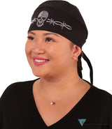 Embellished Extra Deep Deluxe Skull Cap - Rhinestone Skull with Barbed Wire on Black - Extra Deep Deluxe Skull Caps - Sparkling EARTH