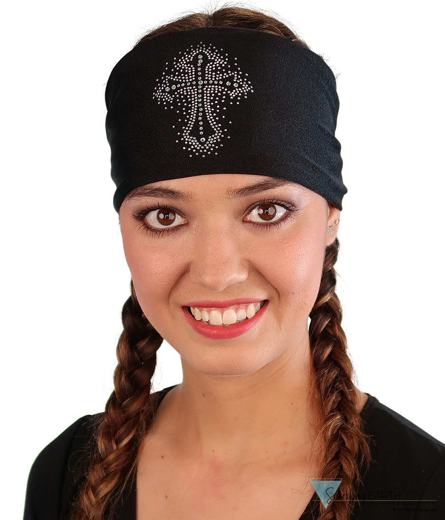 Embellished Reversible Stretch Headband – Stylish Comfortable & USA-Made - Black Headband with Glitter Cross Rhinestud
