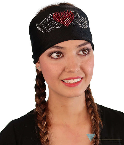 Embellished Reversible Stretch Headband – Stylish Comfortable & USA-Made - Black Headband with Large Heart & Wings