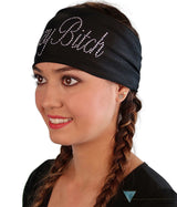 Embellished Reversible Stretch Headband – Stylish, Comfortable & USA-Made -  Black Headband with Silver Fancy Crazy Bitch Rhinestud Design - Stretch Headbands - Sparkling EARTH