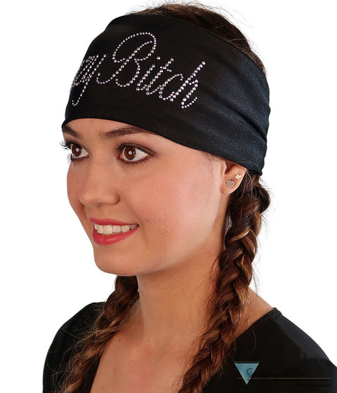 Embellished Reversible Stretch Headband – Stylish, Comfortable & USA-Made -  Black Headband with Silver Fancy Crazy Bitch Rhinestud Design - Stretch Headbands - Sparkling EARTH