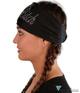 Embellished Reversible Stretch Headband – Stylish Comfortable & USA-Made - Black Headband with Silver Fancy Crazy Bitch
